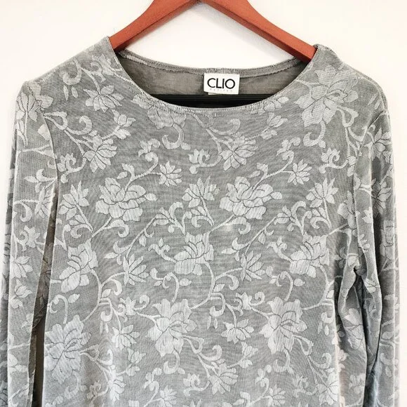 Vintage Y2k 70s Clio PM LongSleeve Gray Floral Top Whimsigoth Retro Disco - Picture 4 of 15